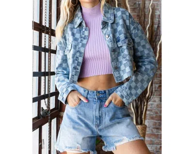 Veveret Checkered Print Cutted Hem Cropped Denim Top In Light Denim