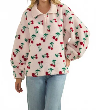 Veveret Cherry Printed Quarter Zip Sweater In Pink