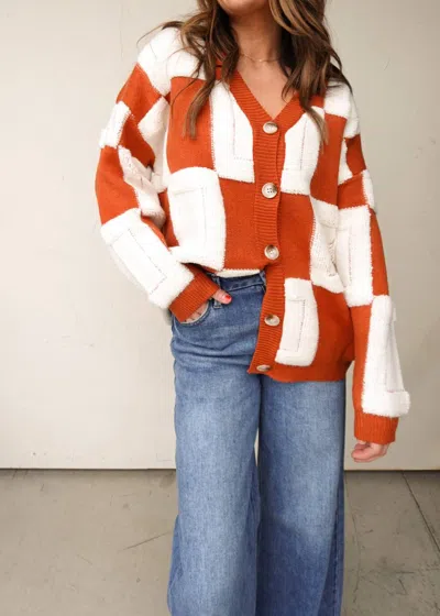 Veveret Chess Knit Chunky Cardigan In Orange/ivory In Multi