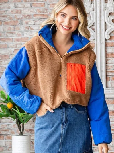 Veveret Colorblock Fleece Quilted Puffer Pullover Jacket In Caramel Cobalt In Multi
