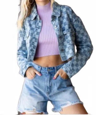 Veveret Denim Check Print Crop Shirt Jacket In Blue