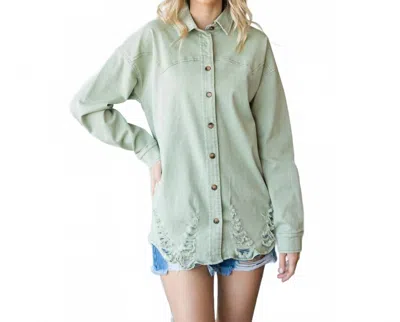 Veveret Distressed Button Down Shacket In Sage In Multi