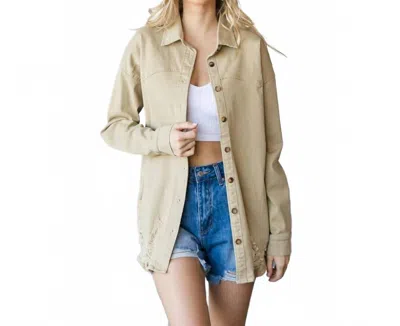 Veveret Distressed Button Down Shacket In Taupe In Brown