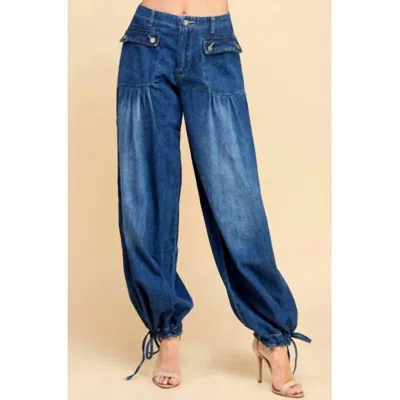Veveret Drawstring Hem Wide Leg Denim Pants In Medium Wash