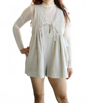 Veveret Front Pleated V Neck Sleeveless Denim Romper In Taupe In Neutral