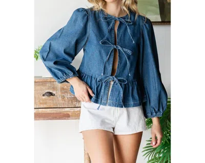 Veveret Front Ribbon Long Sleeve Denim Top In Medium In Blue
