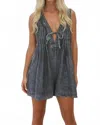 Veveret Front Tie Denim Romper In Dark Grey In Gray
