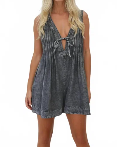 Veveret Front Tie Denim Romper In Dark Grey In Gray