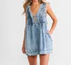 Veveret Party Sleeveless Romper In Washed Denim