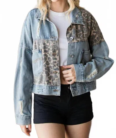 Veveret Leopard Denim Jacket In Medium Wash In Blue