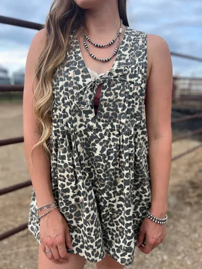 Veveret Leopard Denim Romper In Beige/black In Animal Print