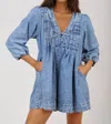 Veveret Long Sleeve Webster Denim Romper In Blue In Blue