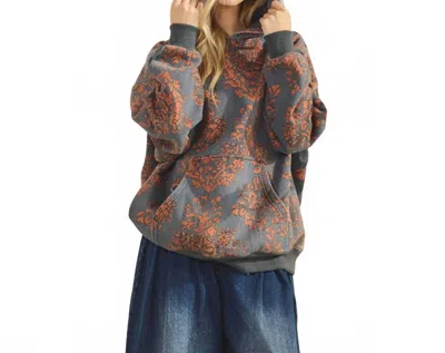 Veveret Printed Fleec Hoodie In Grey Orange In Multi