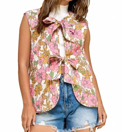 Veveret Quilted Blossom Ribbon Tie Vest In Pink In Multi