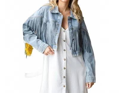 Veveret Rhinestone Fringe Cropped Denim Moto Jacket In Blue
