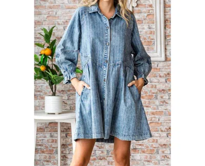 Veveret Rhinestone Stripe Denim Dress In Snow Med Wash