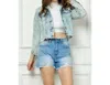 Veveret Stripe Rhinestone Distressed Denim Jacket In Light Wash In Blue