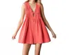 Veveret V-neck Puff Sleeve Denim Short Romper In Coral In Red