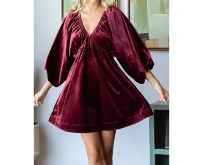 Veveret Velvetpuff Sleeve Deep V-neck Short Dress In Burgundy In White