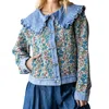 Veveret Vintage Jacquard Ruffle Collar Denim Jacket In Med Denim