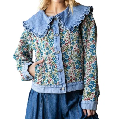 Veveret Vintage Jacquard Ruffle Collar Denim Jacket In Med Denim