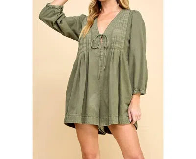 Veveret V-neck Puff Sleeve Denim Romper In Olive In Green