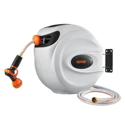 Vevor 100ft Retractable Garden Hose Reel, 1/2" Hose, 180° Swivel Wall Mount, Auto Rewind & Lock, 9-pattern In White