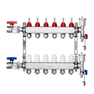 Vevor 10-branch Radiant Heat Manifold 1/2" Pex Tubing Floor Heating Manifold Set In Stainless Steel