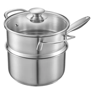 Vevor 1.5 Qt Saucepan With Steamer, Stainless Steel Saucepan With Glass Lid, Multipurpose Nonstick Stainle In Silver