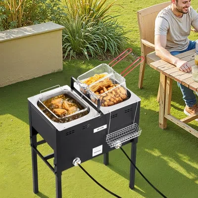 Vevor 16qtx2 Outdoor Propane Deep Fryer Commercial Free Standing Cooker Two Tank In Stainless Steel