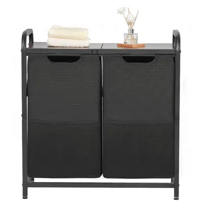 Vevor 2 Section Laundry Sorter With Pull-out Bags Metal Frame & Wooden Tabletop In Black