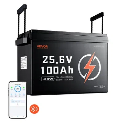 Vevor 24v 100ah Lifepo4 Lithium Battery 4000+ Cycles 100a Bms With Bluetooth, 2560wh Lithium Battery With  In Black