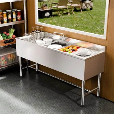 Vevor 3 Compartment Sink, 18-gauge 304 Stainless Steel, 10" X 14" X 10" Bowl Size, 3 Bay Commercial Under 