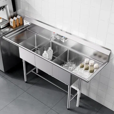 Vevor 3 Compartment Sink, 18-gauge 304 Stainless Steel, 14" X 16" X 11" Bowl Size, 3 Bay Commercial Kitche