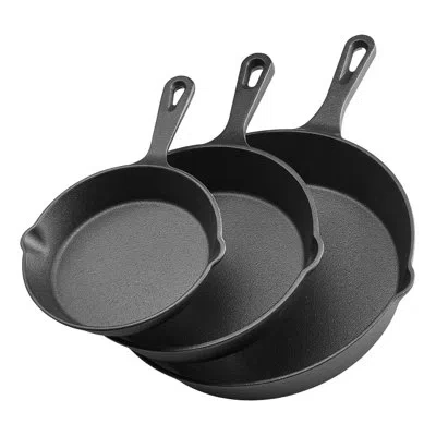Vevor 3 Piece Cast Iron Skillet Frying Pan Set 6 8 10 In Handle Pre-seasoned Black