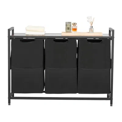 Vevor 3 Section Laundry Sorter With Pull-out Bags Metal Frame & Wooden Tabletop In Black