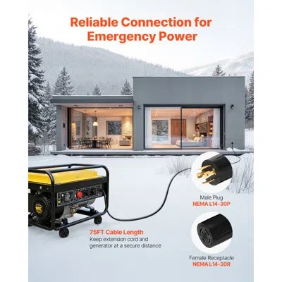 Vevor 30 Amp Generator Cord And Power Inlet Box, 75 Ft, 125/250v Nema L14-30p To L14-30r Heavy Duty Extens
