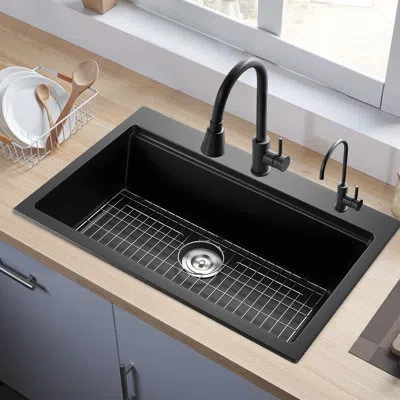 Vevor 33 Inch Granite Kitchen Sink Top Mount Single Bowl Drop-in Basin For Rv Bar In Black
