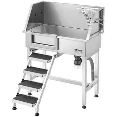 Vevor 34" Dog Washing Station, Stainless Steel Pet Grooming Tub Bathtub, Professional Dog Wash Sink With S In Silver