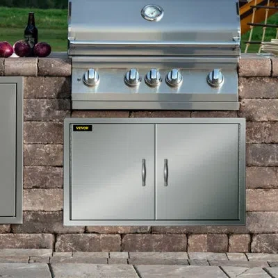 Vevor 39wx26h Stainless Steel Walled Double Bbq Door W/ Handle Outdoor Bbq Fit Kitchen In Silver