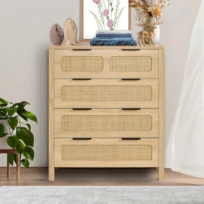 Vevor 4 Drawer Rattan Dresser, Boho Dresser, Rattan Chest Of Drawers With Spacious Storage, Natural Rattan