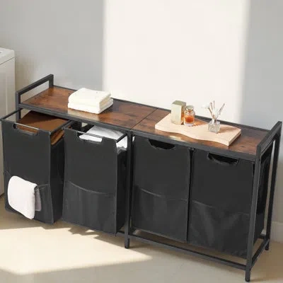 Vevor 4 Section Laundry Sorter With Pull-out Bags Metal Frame & Wooden Tabletop In Black