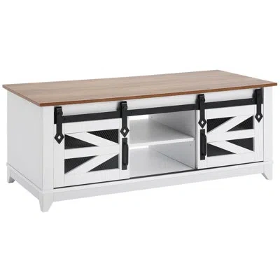 Vevor 48" Farmhouse Coffee Table, Rectangle Coffee Table With 2 Sliding Barn Doors In Brown Wood