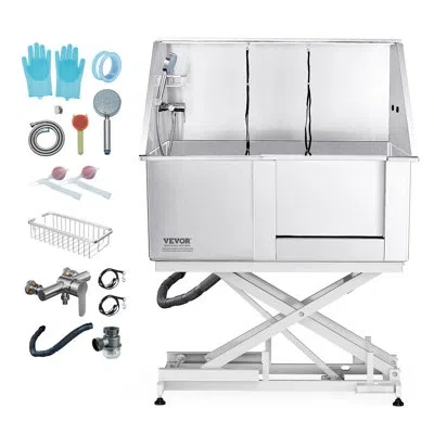 Vevor 50" W Metal Dog Grooming Tub Electric Height Adjustment With Right Door Opening In Stainless Steel