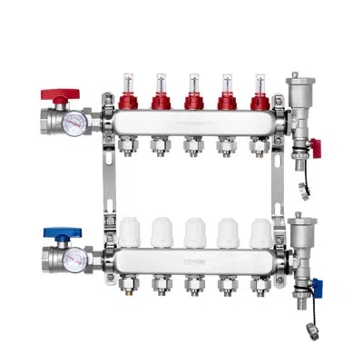 Vevor 5-branch Radiant Heat Manifold, 1/2" Pex Tubing Manifold, Stainless Steel Pex Manifold For Hydronic 