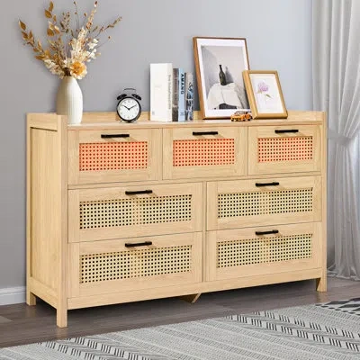 Vevor 7 Drawer Rattan Dresser, Boho Dresser, Rattan Chest Of Drawers With Spacious Storage, Natural Rattan