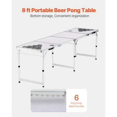 Vevor 8 Foot Portable Beer Pong Table, Folding Tailgate Table, Cup Holes, Dry Erase Markers And Carrying H In White