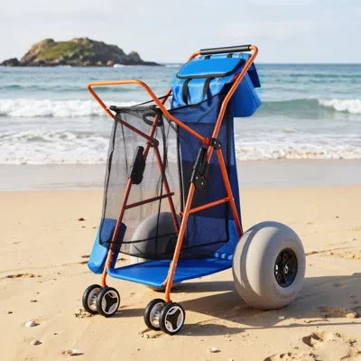 Vevor Beach Cart With Large Wheels For Sand, 165 Lbs Load Capacity, Heavy Duty Folding Beach Wagon With 12 In Blue