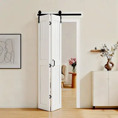 Vevor Bifold Barn Door, 24" X 84", Mdf Bi-fold Sliding Closet Doors, Hardware Kit Included, H-frame Space- In White