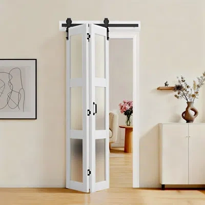 Vevor Bifold Barn Door, 36" X 84", Mdf With Tempered Glass Bi-fold Sliding Closet Doors, Hardware Kit Incl In White